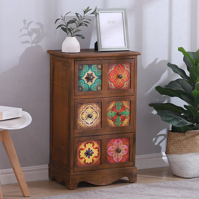 

Vintage Multi-Compartment Storage Cabinet, Creative Patterned Nightstand & Organizer for Bedroom, Living Room with Easy Assembly