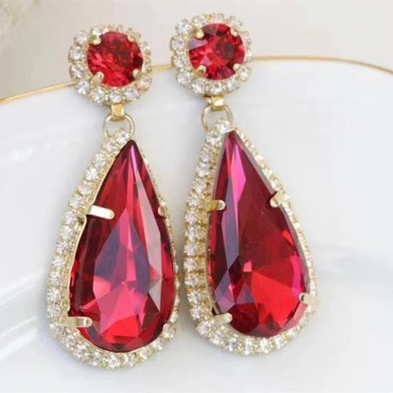 Carat Round Red Garnet Flower Stud Earrings for Women Fashion Engagement Jewelry Birthday Gifts New Water Drop Long Earrings