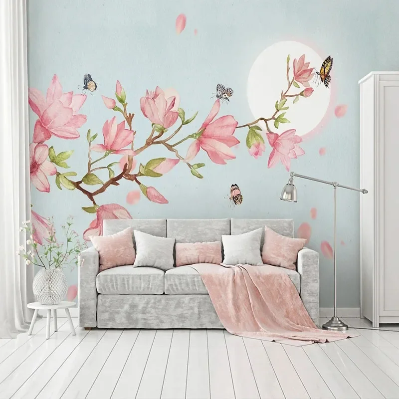 Custom 3D Modern Pink Hand Painted Magnolia Flower Butterfly Love   TV Background Wall Wallpaper Papel De Parede Tapety Fresco