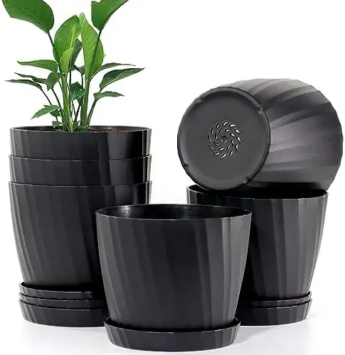

7 Inch Plant Pots, 6 Pack with Drainage Holes and Saucers, Black