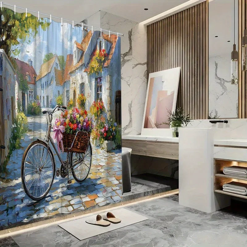 

~O~European Village Shower Curtain - Cobblestone Street, Colorful Flower Baskets, Quaint Houses, 70.8x70.8", Polyester, Washable