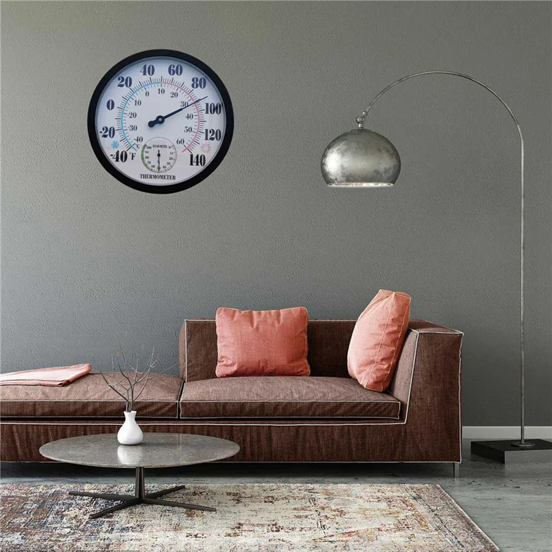 AS95-2X ميزان حرارة داخلي وخارجي حديقة جدار فناء ميزان حرارة الطقس الرطوبة، عدد كبير 10 في القطر (أسود)