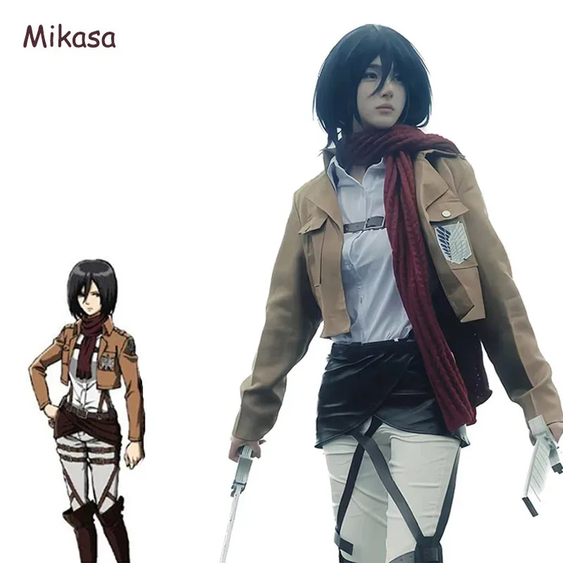 

Mikasa Ackerman Cosplay Costume Anime Wig Halloween Outfit Full Set for Women Girl