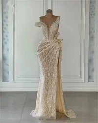 2025 funkelnde leichte Champagner Pailletten Ballkleider Perlen Meerjungfrau Aus Der Schulter Abend Party Kleider Customized