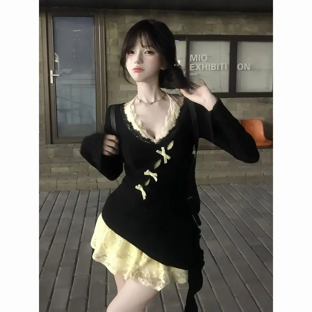 Japan Preppy Style Sweet Winter Two Piece Sets Women Irregular Tops + Lace Mini Dress New Design Sexy Style Y2k Hot Chick Suit