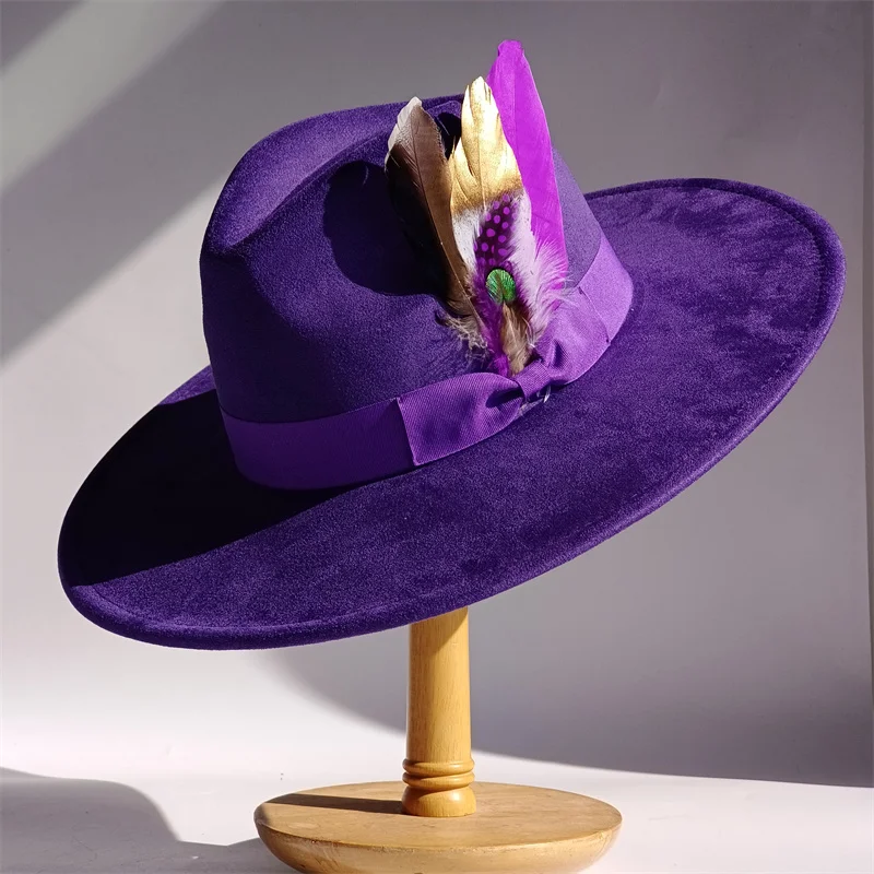 الأرجواني الريش الجلد المدبوغ أفضل قبعة 9.5 سنتيمتر واسعة حافة فيدورا قبعة الرجال النساء الخريف الشتاء ورأى الجاز القبعات الكلاسيكية الكنيسة فيدورا سمبريرو #1