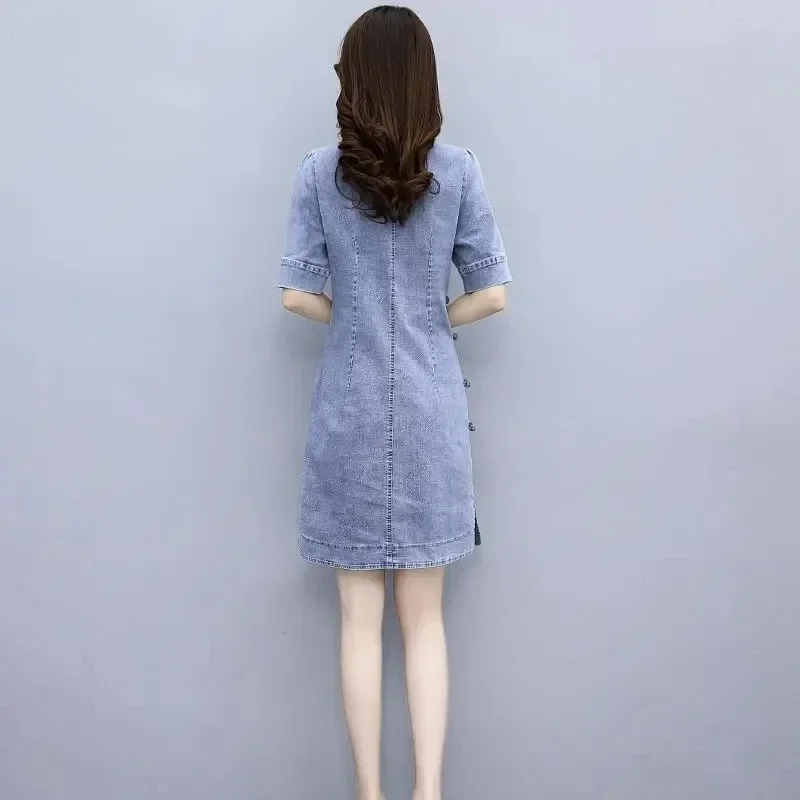 Denim Dress Women 2024 Summer New Improved Cheongsam Waist Chinese Style Denim Dressse Female Short Seeve Pullover A-line Skirt