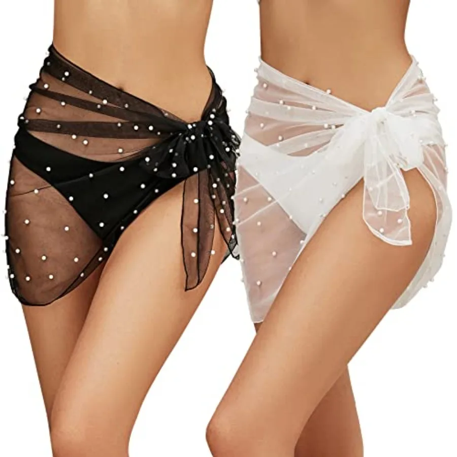 

Комплект из 2-х кружевных накидок с жемчужным декором для купальников: короткий саронг и пляжная накидка для женщин