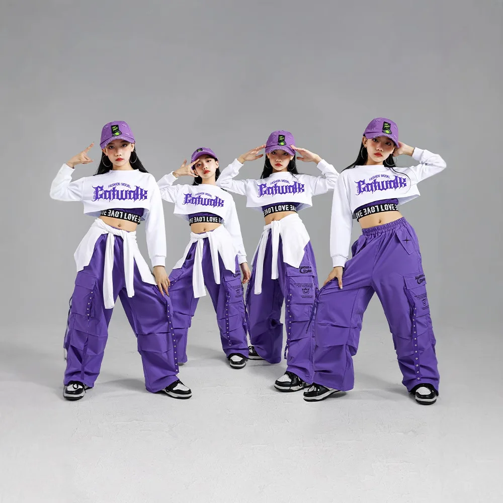 Girls Hip Hop Fashion K-pop Crop Top Purple Cargo Pants Children Street Dance Outfits Kids Streetwear Group Jazz Clothes Sets