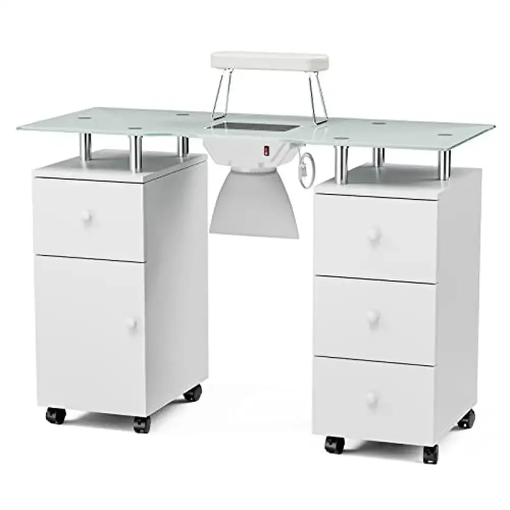 

Foldable Manicure Table Strong Suction Vent Lockable Wheels Nail Tech Station White