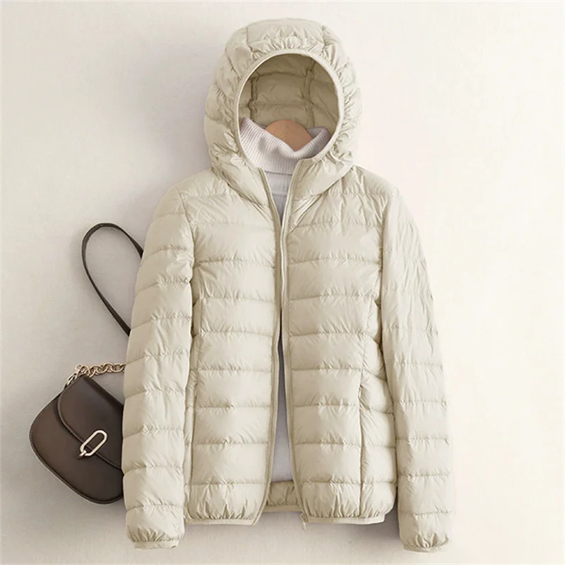 2025 New Autumn Winter Women Bigsize Hooded Down Coat Ultra Light Thin White Duck Down Jacket Ladies Short Warm Parkas Outwears