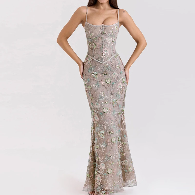 Robe longue de soirée pour femmes, coupe basse, taille haute, nouveau tempérament, épaules dénudées, mode imprimée, sans manches, robe de plage, printemps été