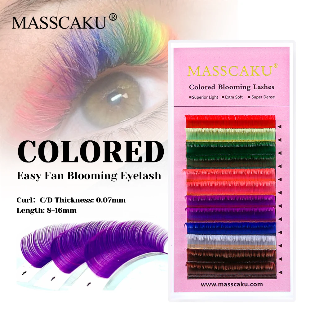 

12 Lines MASSCAKU 8-15mm Single Size Long-lasting Mix Color Blooming Eyelash 3D Effect Rainbow Color Self Flowering Lashes Trays