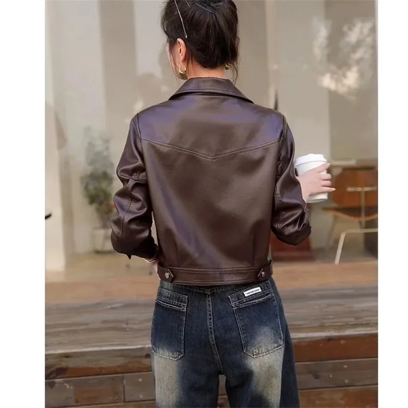 Fashion Leisure Ladies Zipper PU Leather Coat Women Short Washed Leather Top Korean Female Loose Motorcycle Faux Leather Jacket
