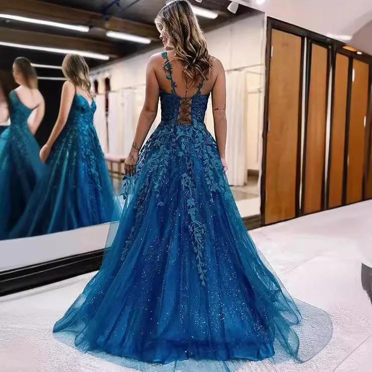 Customized A Line Spaghetti Straps Evening Dresses Appliques Tulle Prom Birthday Party Gowns Formal robes de soirée