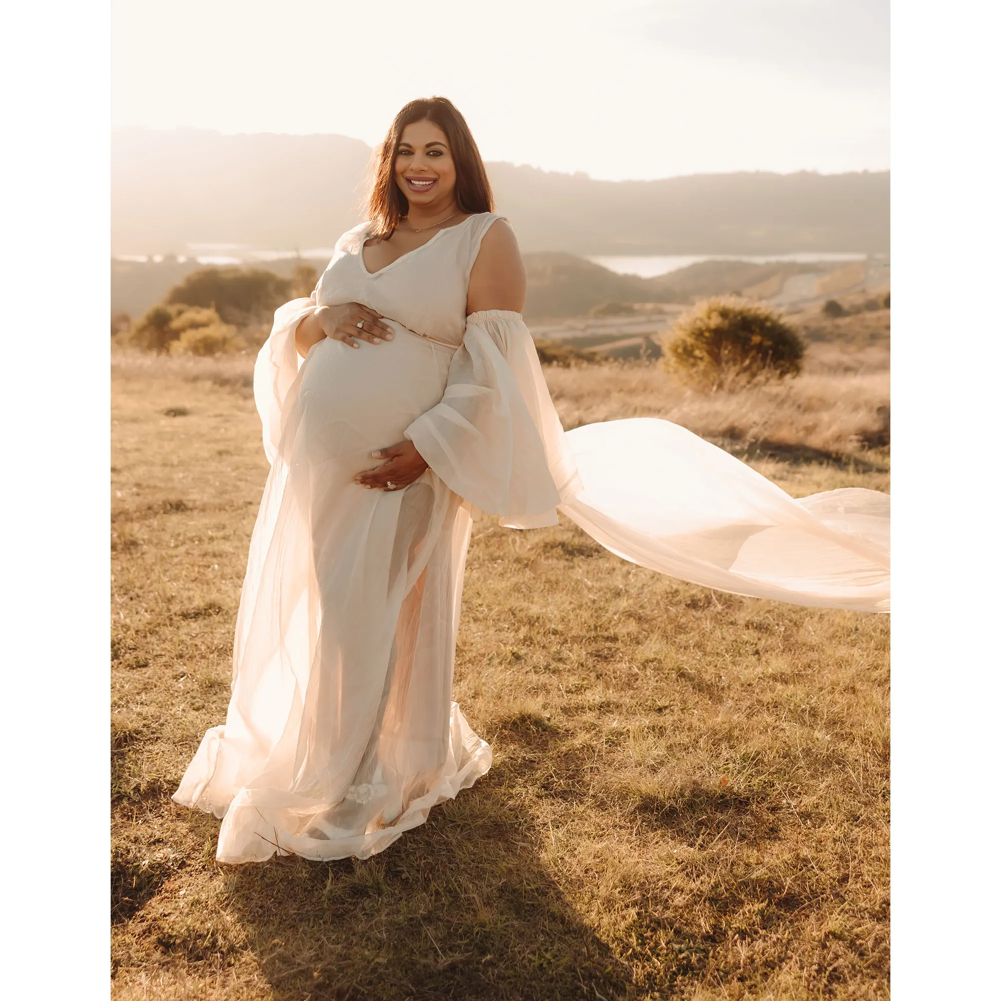 Don&Judy Elegant Photo Shooting Maternity Long Dress Chiffon V-neck With Cape Party Gown Soft Pregancy Women Photography Outfit