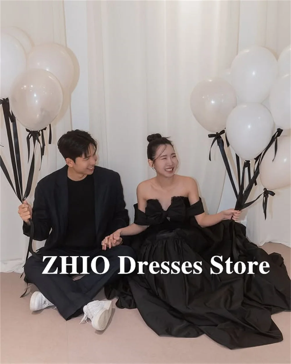 ZHIO Gaun Pengantin Bahu Terbuka Pita Tanpa Tali Cantik Pemotretan Korea Gaun Prom Khusus Pesta Formal Panjang Selantai