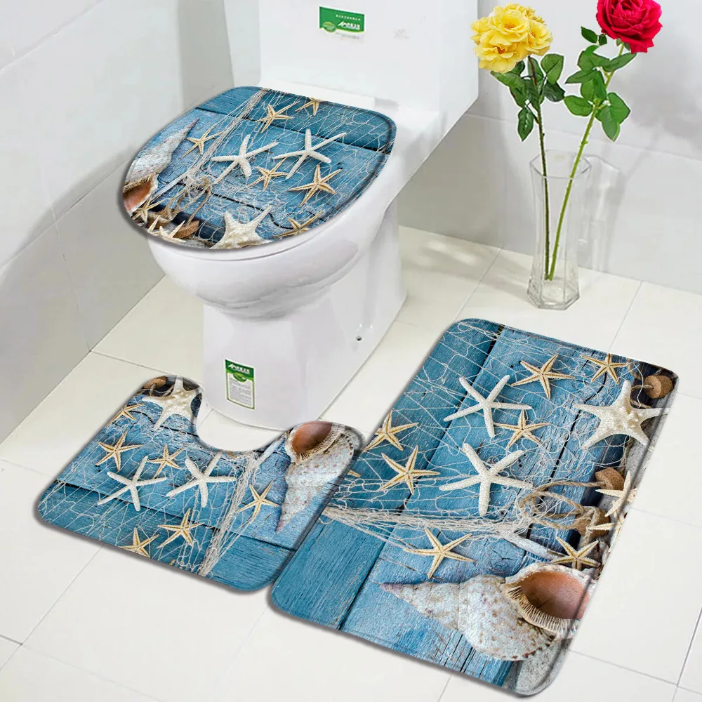 Mediterranean Bath Mat Set Blue Wooden Panel Starfish Conch Beach Carpet Home Bathroom Decoration Non-slip Rugs Toilet Lid Cover