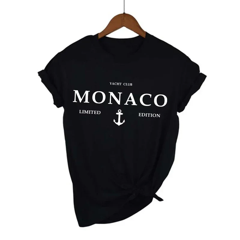 T-Shirt à Manches Courtes pour Femme, Vêtement en Pur Coton Doux, Imprimé Lettres Monaco, Y2k, Été