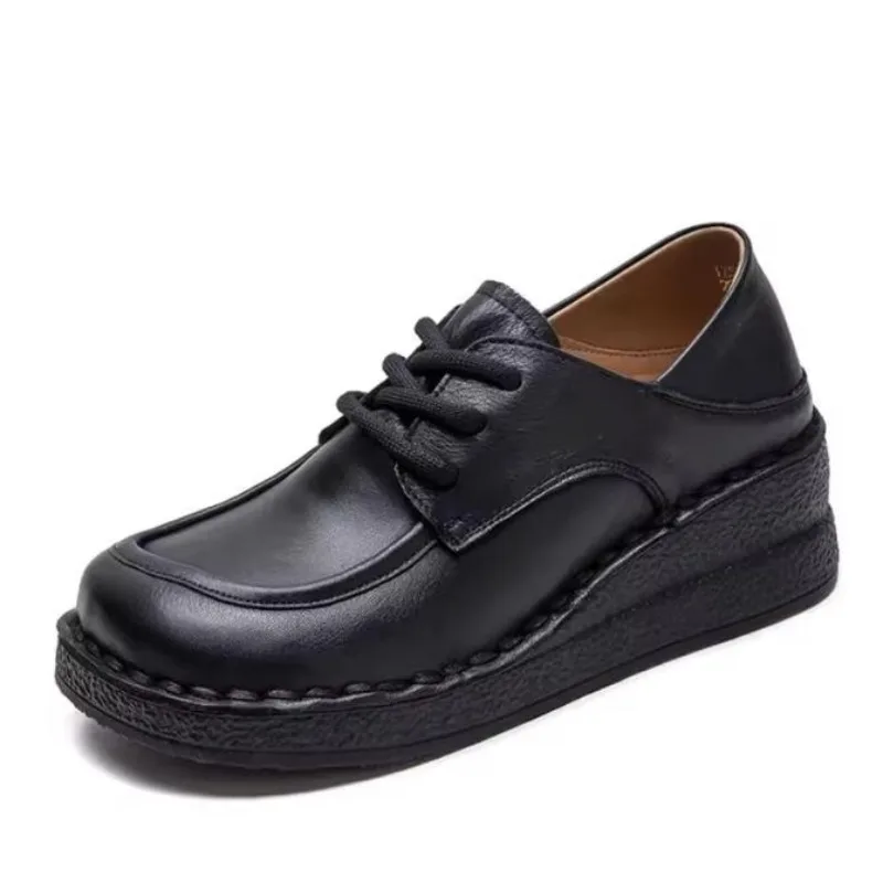 

2025 Pumps Women Shoes Retro Genuine Leather Lace-Up Round Toe New Autumn Handmade All-Match Wedges Ladies Shoes