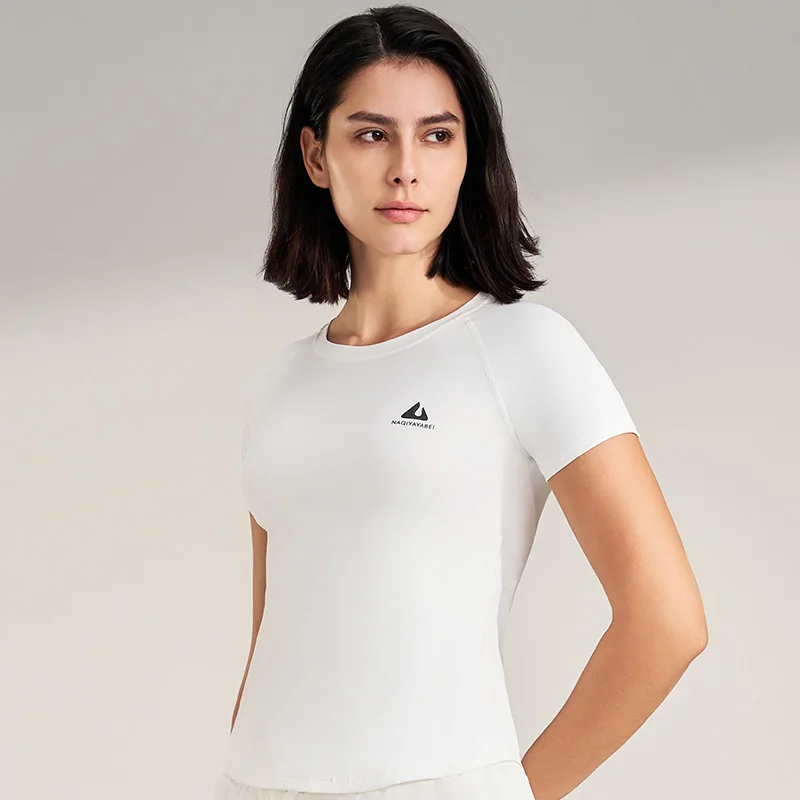 Round neck solid colour short sleeve sweatshirt women\'s gym breathable yoga clothes outdoor training clothes yoga short sleeve