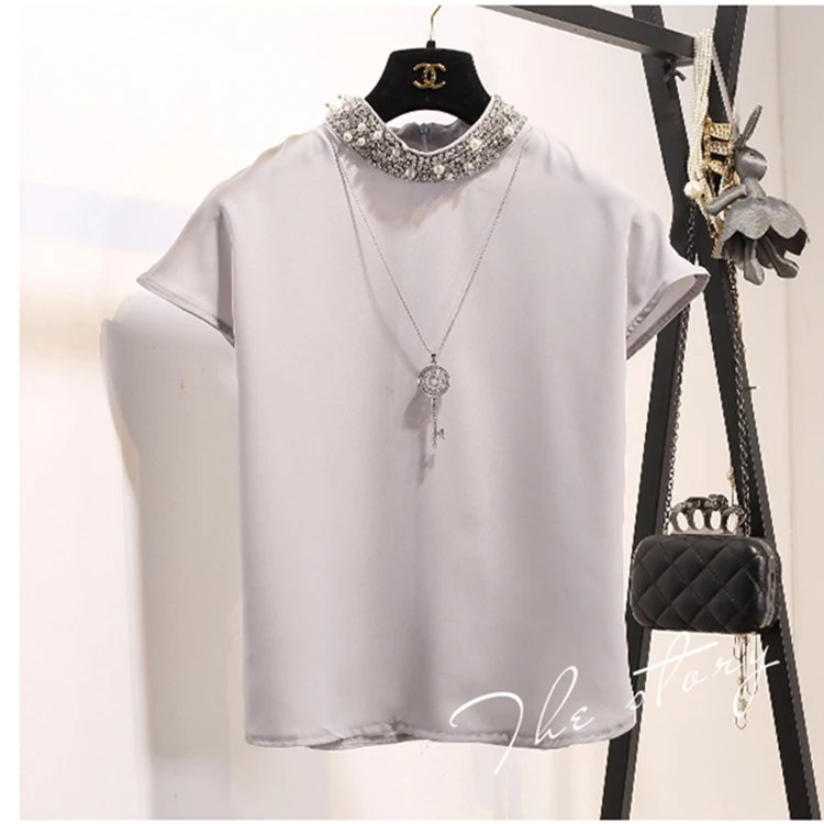 Luxury Beads Stand Collar Chiffon Blouse Rhinestone Pearl Short Sleeve Solid Color Korean Elegant Summer Women Shirt Tops