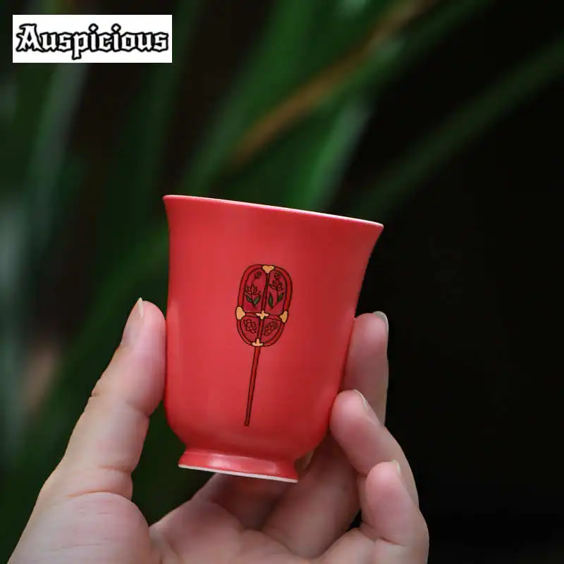 70ml Palace Museum Red Ceramic Teacup Creative Dunhuang Circular Fan Art Cup Smell Fragrance Cup Master Mug Kung Fu Tea Set Gift