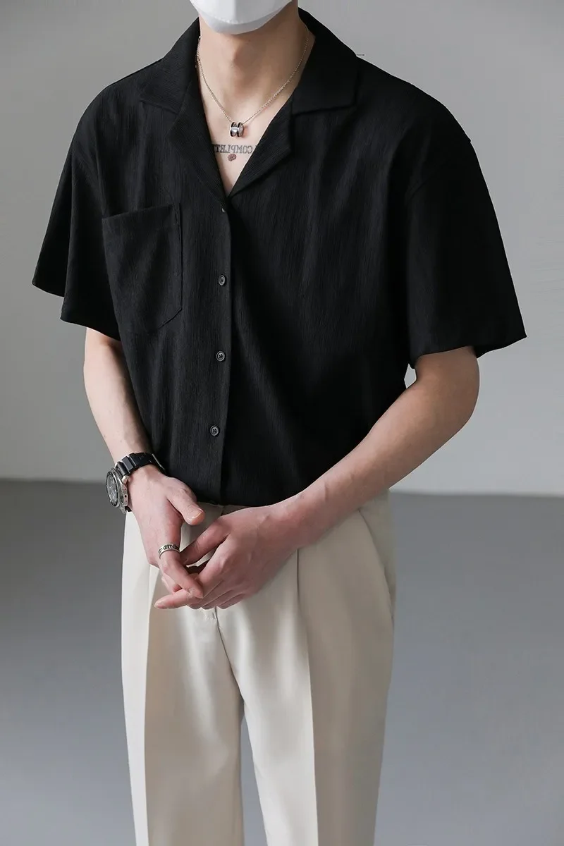 

Summer New Fashion Men's Casual Business Trendy Loose Short Sleeve Cuban Collar Solid Color Shirts Male 2025 Clothes Tops