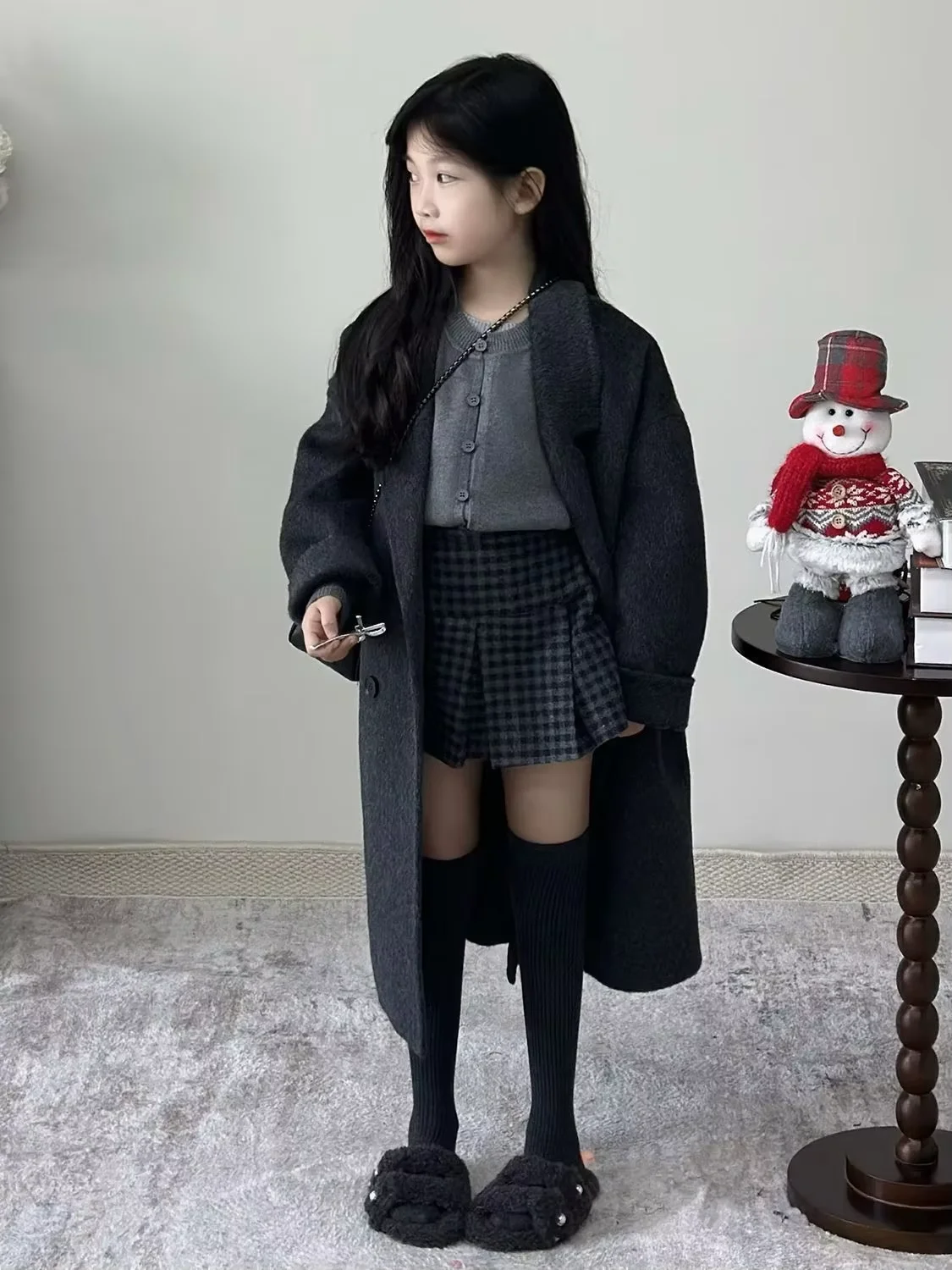 Girls Double Face Wool Coat Autumn Winter New Fashion Dark Grey Double Breasted Notch Lapel Jacket Children Clothing 110-160CM