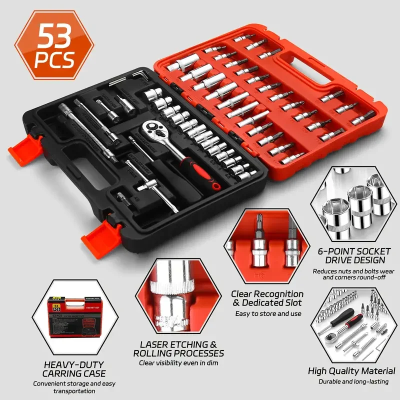 53pcs Home & Outdoor Repair Tool Kit with Quick Ratchet, Keys & Furniture Tools - Durable Carbon Steel in Multi-Tool Box