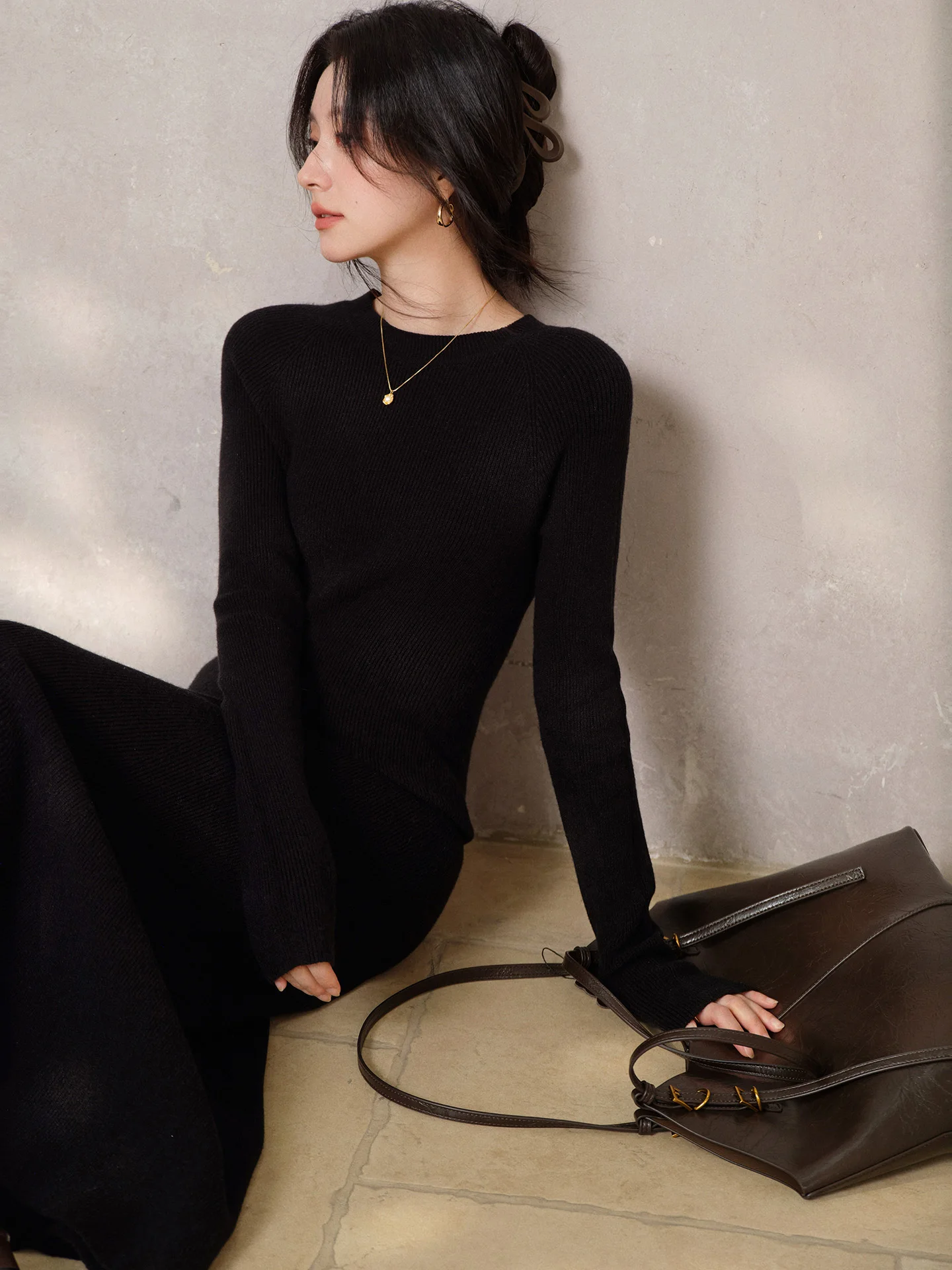 فستان منسوج للنساء أنيق سليم صالح فستان طويل سيدة لينة بسط الجولة الرقبة Bodycon فستان ماكسي الزي لأسلوب اليومي الأنيق #5