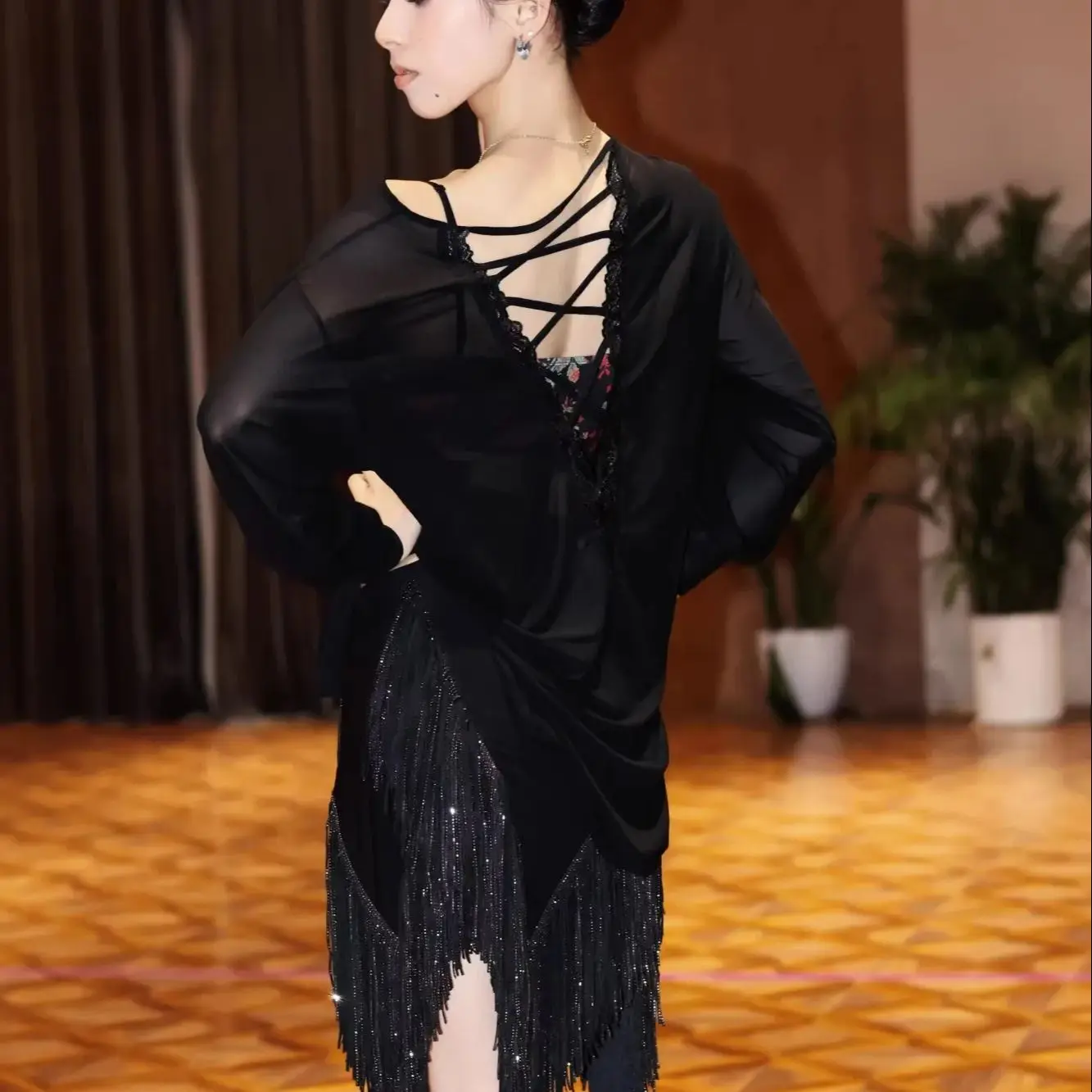 2025 feminino solto inclinado ombro leopardo impressão malha superior roupas de prática de dança latina samba chacha dança wear dn21879