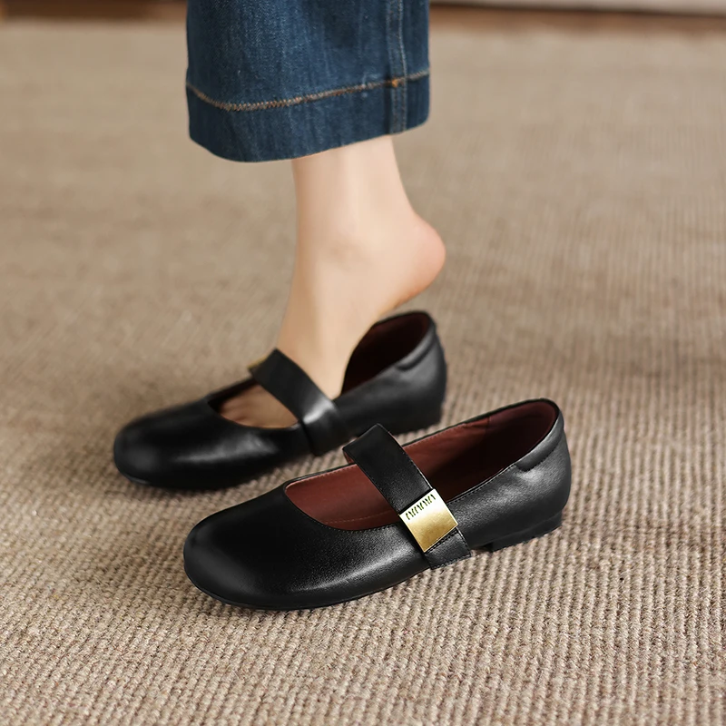 2026 new spring autumn women pumps natural leather plus size 22-26cm cowhide+pigskin square toe buckle mary janes women shoes