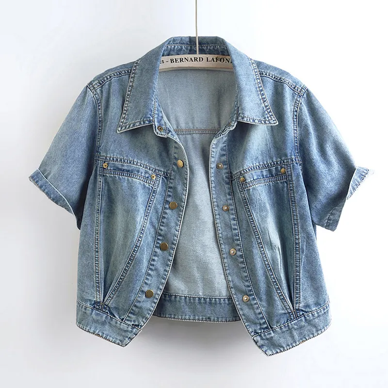 

Spring Summer Women Vintage Light Blue Short Denim Jacket Lapel Single-Breasted Short Sleeve Slim Jeans Jacket Coat Streetwear