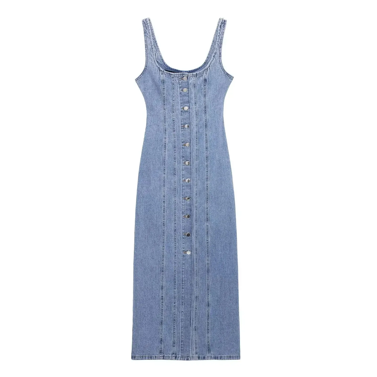Summer Ladies Zipper Denim Dress Women Elegant Spaghetti Strap Sexy O-Neck Vintage Casual Female Sling Mid-Long Dress ﻿