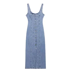 Summer Ladies Zipper Denim Dress Women Elegant Spaghetti Strap Sexy O-Neck Vintage Casual Female Sling Mid-Long Dress ﻿