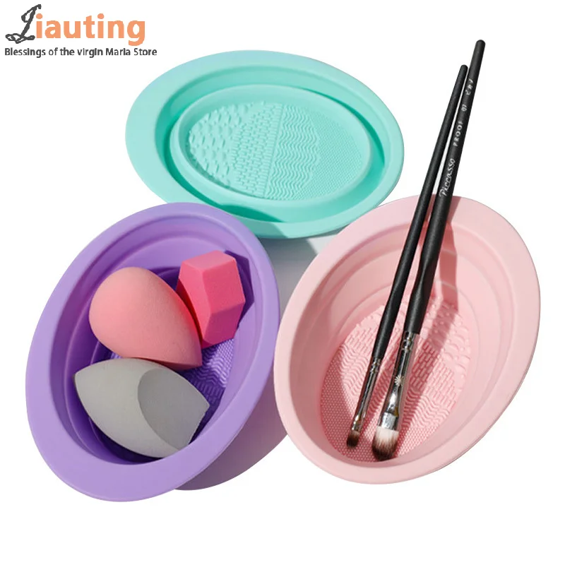 Makeup Brush Cleaning Tool Foldable Silicone Bowl Beauty Egg Cleaner Sponge Puff Washing Portable Scrub Mat Cat Ear Cosmetics