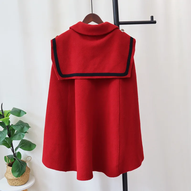 Women Wool Coat Shawl Turn Down Collar Single Breasted Blends Coats Solid Button Casual Pockets Cape Spliced Autumn Winter