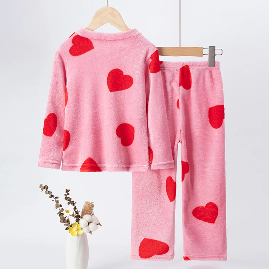 2-teiliges Kinder-Herbst-/Winter-Flanell-Modedruck-Set für Mädchen, herzwarmendes Rundhals-Top, T-Shirt, weiche Fleece-Hose für Jungen – Detail 4