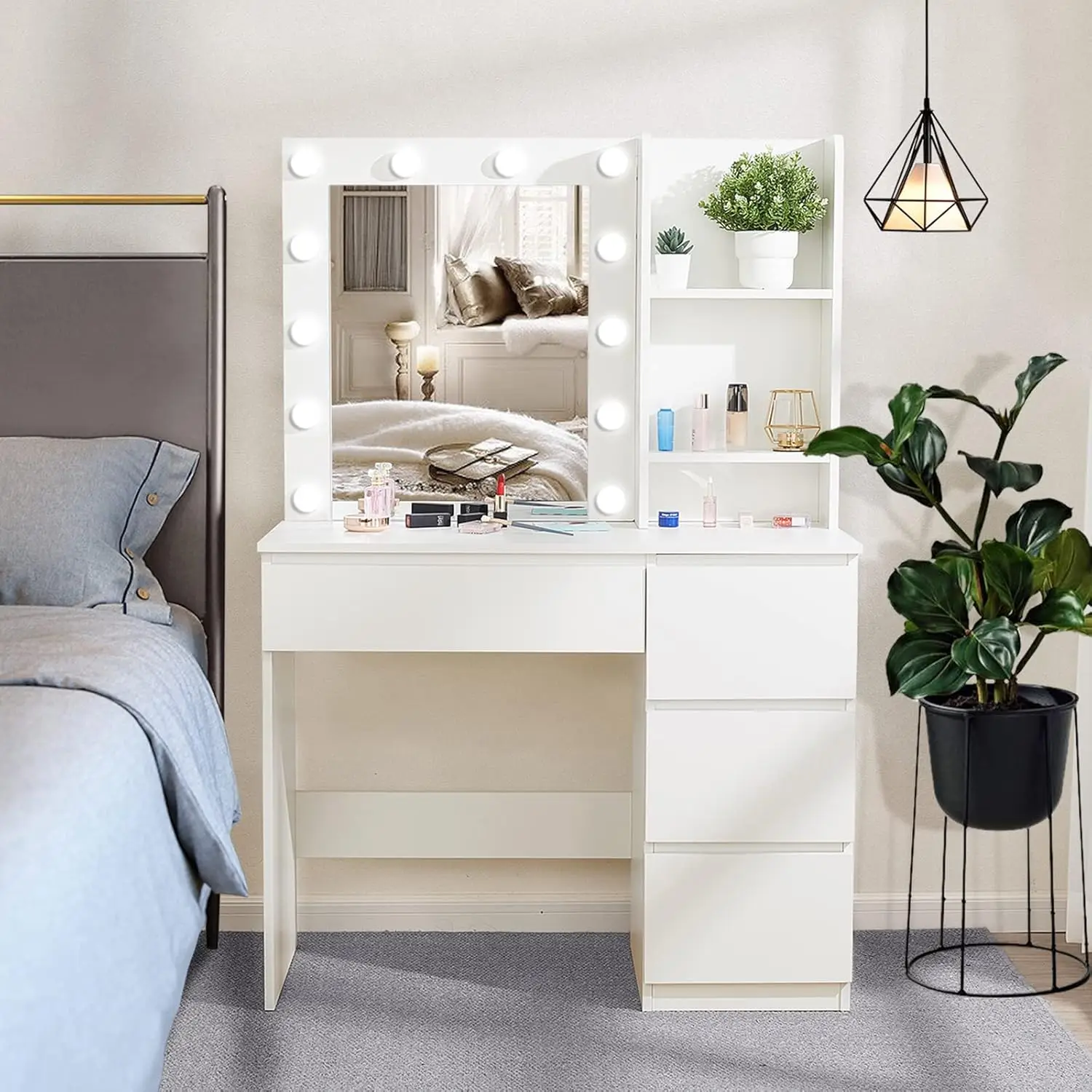 Bedroom Makeup Vanity in White, 37inch with 4 Drawers, Lighted Mirror and 3 Adjustable Lighting Modes