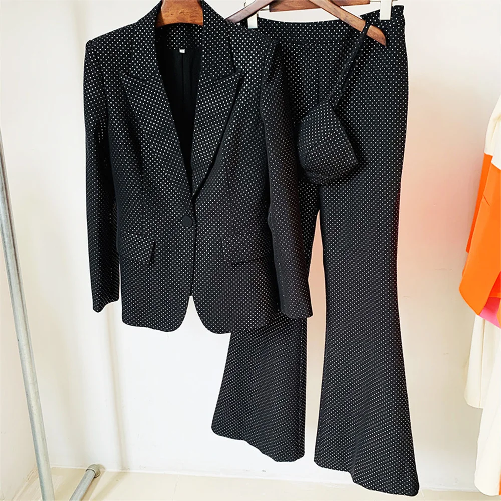 

Women Blazer Pants Sets Suits Black Ladies Bling Coats Fashion Single Button Jacket Flared Pants Female 3 Piece Sets Formal Sets