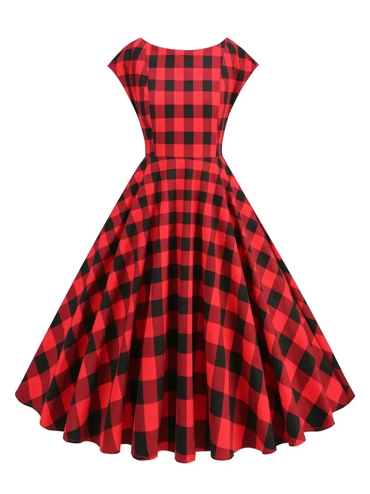 Retro Hepburn Red Black check 50s Cotton Dresses 2025 New Vintage Raglan Sleeve Women O-Neck Plaid Print Rockabilly Pinup Dress