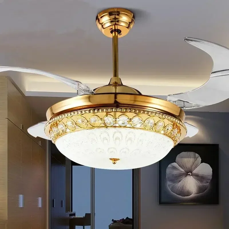 Luxury Crystal Ceiling Fan Light Invisible For Restaurant Remote Control Fan Light 42 Inch Gold Color	with retractable blades