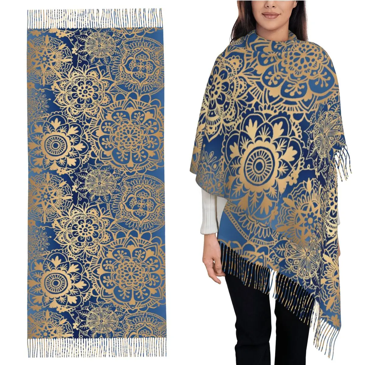 

Синий и золотой шарф с узором мандалы, шарфы с кисточками, женские мягкие теплые шали и накидки, большая осенне-зимняя шаль