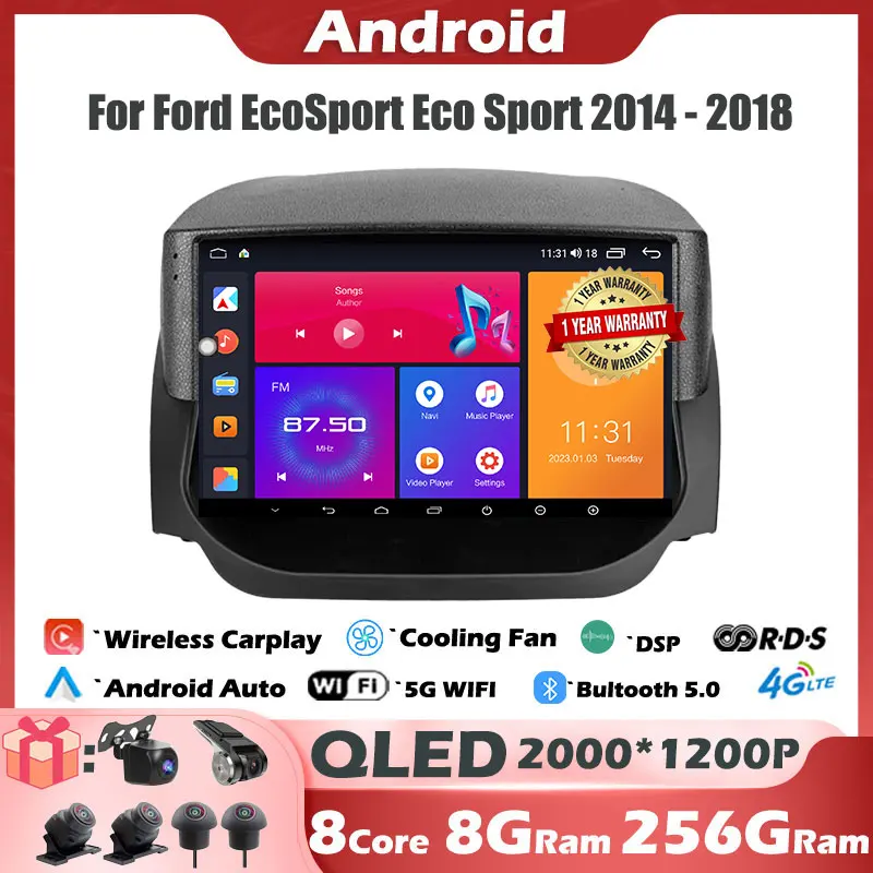 

9'' IPS/QLED Android 14 For Ford EcoSport Eco Sport 2014 - 2018 Car Radio Multimedia Player GPS Navigation DSP Carplay 4G LTE