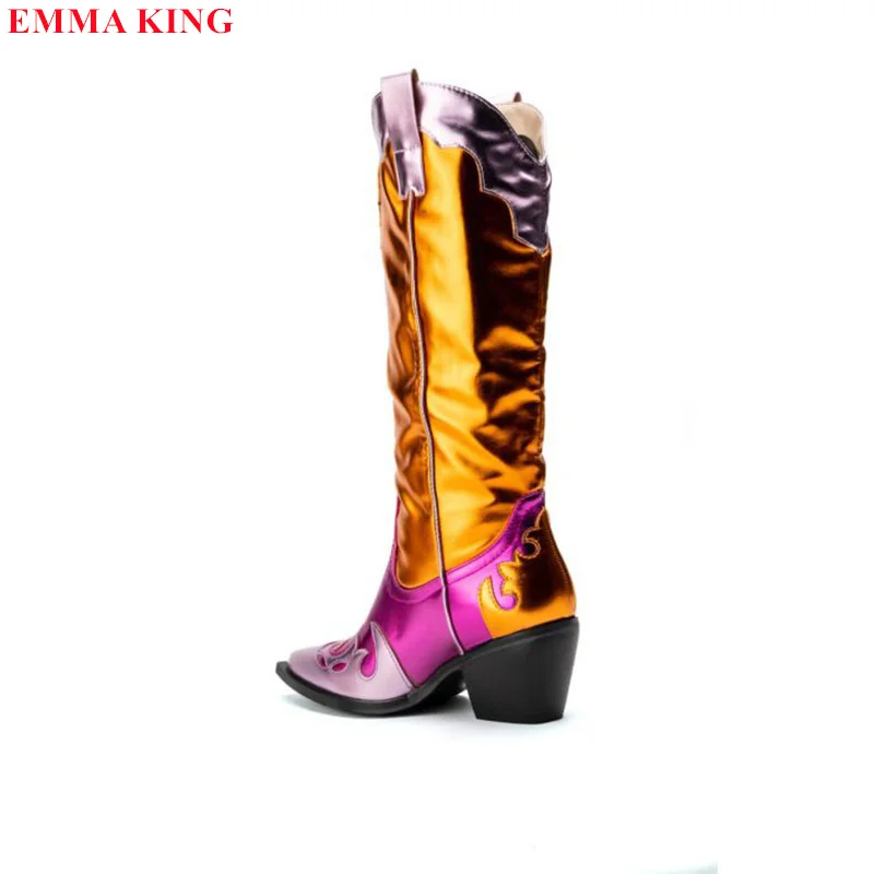 Modne damskie mieszane kolorowe buty do kolan metaliczna skóra kowbojki z dalekiego zachodu masywny obcas damskie buty 2022 zimowe Botas Mujer