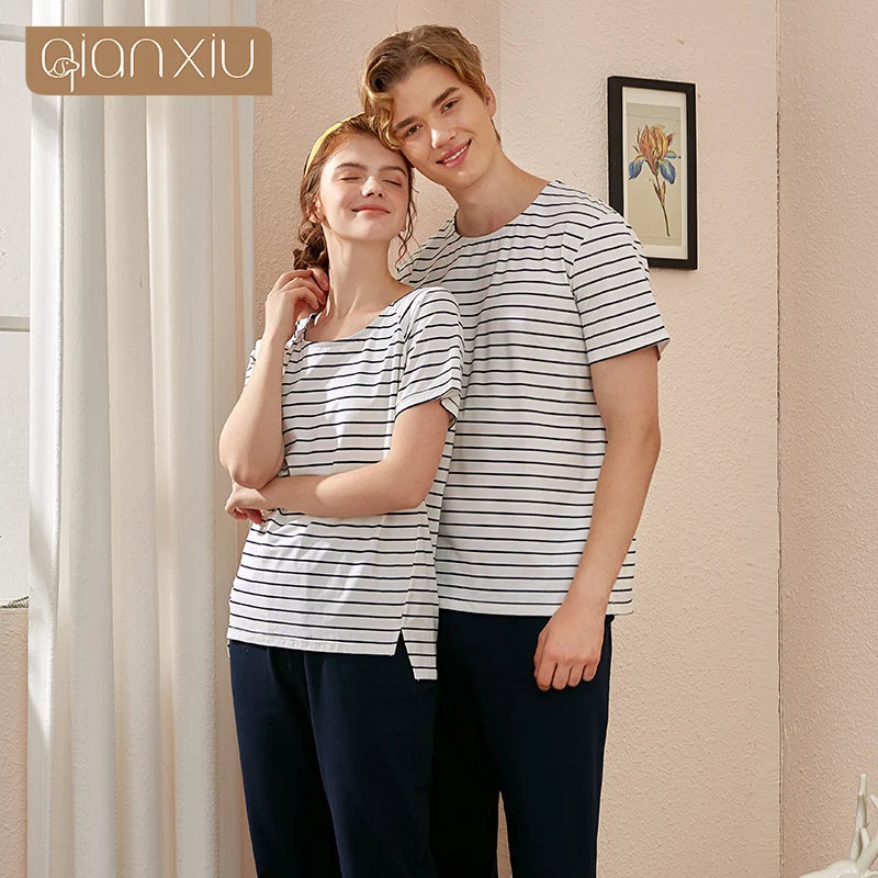 Spring Summer Sleep Tops   Tottoms Cotton Black White Striped Round Collar Short Sleeved Trouser Sleepwear Suit Casual HomeWear