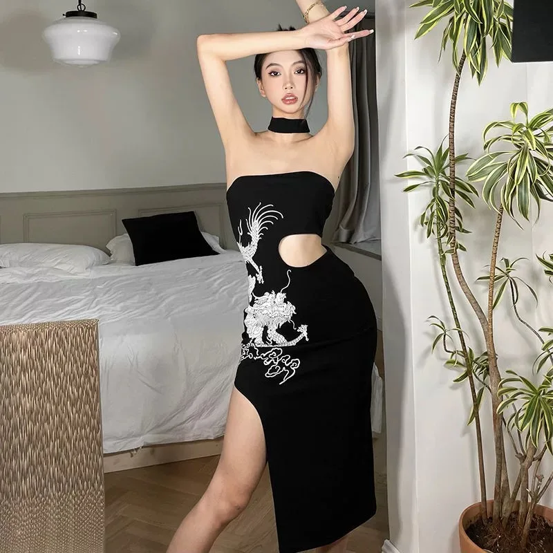 

Женское платье в китайском стиле с принтом дракона, с открытой талией, с разрезом на шее, без бретелек, женские платья с разрезом для вечеринки, ночного клуба, сексуальные привлекательные платья