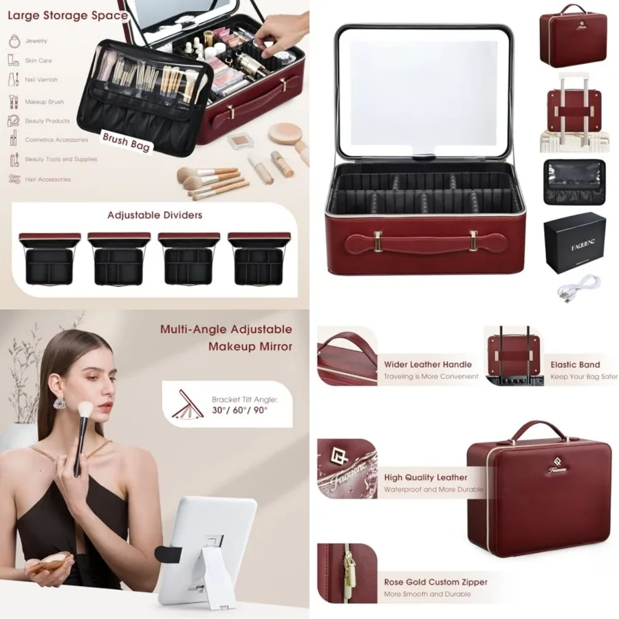 

Leather Makeup Case with LED Lighted Mirror Travel Makeup Bag Adjustable Brightness in 3 Colors Cosmetic Organizer Artist Stora