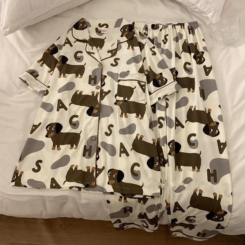 Spring Summer 2024 Cute Women's Pajamas Set Dachshund Print Cotton Two Pieces Short Sleeve Tops Full Length Pants Sleepwear 3991